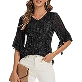 Women's 3/4 Sleeve Tops Sparkly Dressy V Neck Blouse Glitter Evening Party Shirts