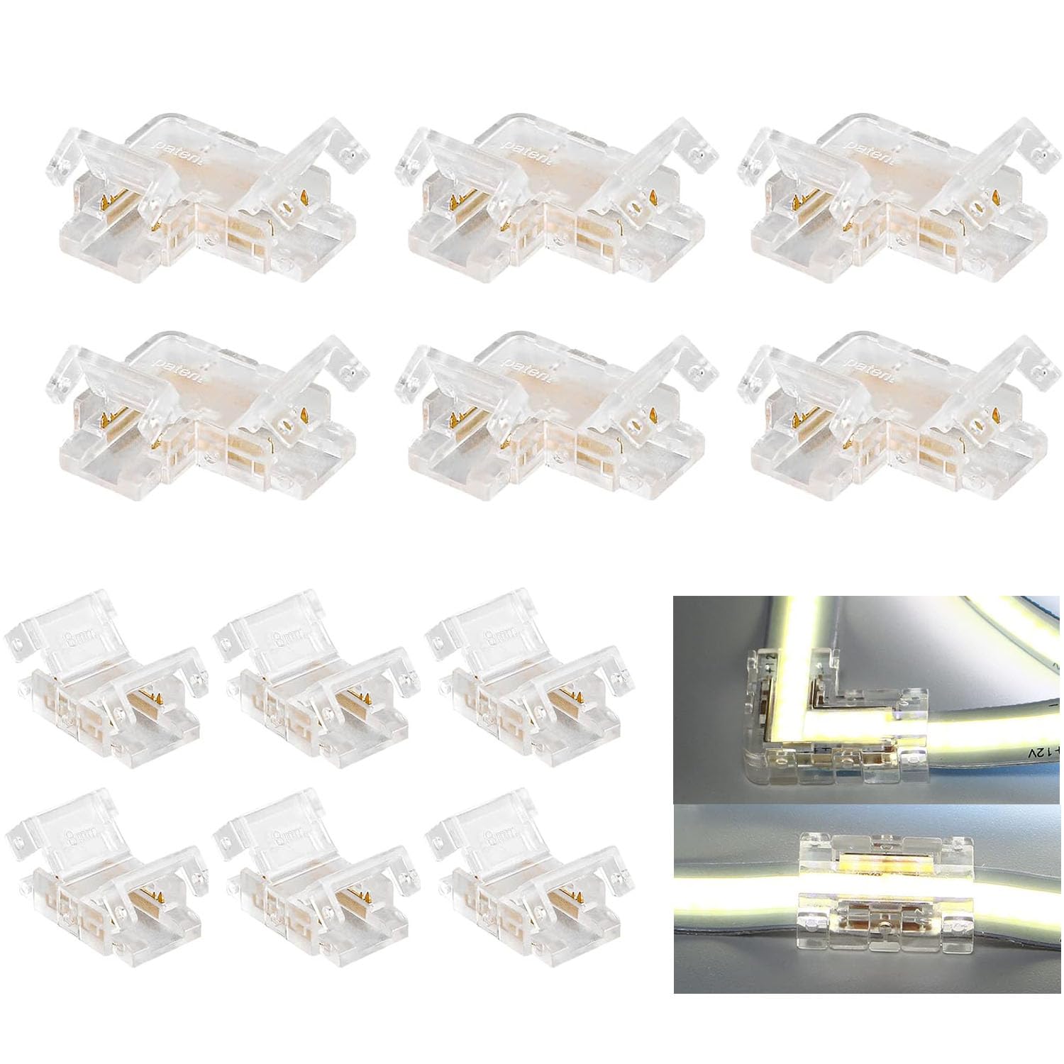 ENQIMAOYI 2 Pin 8mm Mini COB LED Strip Connectors, Gapless Solderless Connector,6pcs Strip to Strip Connectors,6pcs L-Shape Corner Connectors