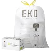 EKO 2.6 Gallon / 7-10 Liter, 80 Count Small Drawstring Trash Bags, Extra-Strong Unscented Garbage Bags, Easy-Dispense Roll for Kitchen &amp; Household Use, Resists Tears, Leaks and Punctures, Code B White