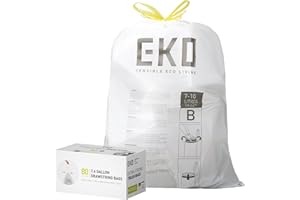 EKO 2.6 Gallon / 7-10 Liter, 80 Count Small Drawstring Trash Bags, Extra-Strong Unscented Garbage Bags, Easy-Dispense Roll for Kitchen & Household Use, Resists Tears, Leaks and Punctures, Code B White
