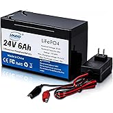 LOLRKO 24V LiFePO4 Battery 6Ah, Deep Cycle Lithium Iron Phosphate Battery Pack with Charger, Lightweight 24 Volt Rechargeable Battery for Power Wheels, Ride-On Toys, Scooters, Solar and Backup Use