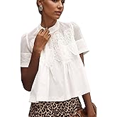 calbatic Women Lace Trim Blouse Mesh See Through Puff Short Sleeve Ruffle Pleated Shirts Mock Neck Summer Babydoll Tops