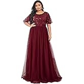 Ever-Pretty Women's Round Neck Short Sleeves Plus Size A-Line Tulle Sequin Formal Evening Dresses 0904-DA2