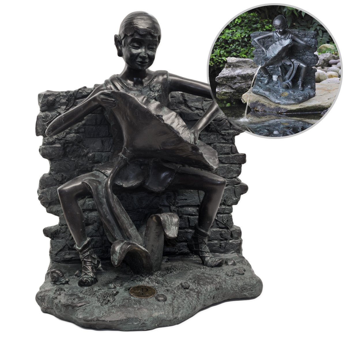 Stone Lucia Pond Spitter Statue with 2 Vases Water Spitters Garden