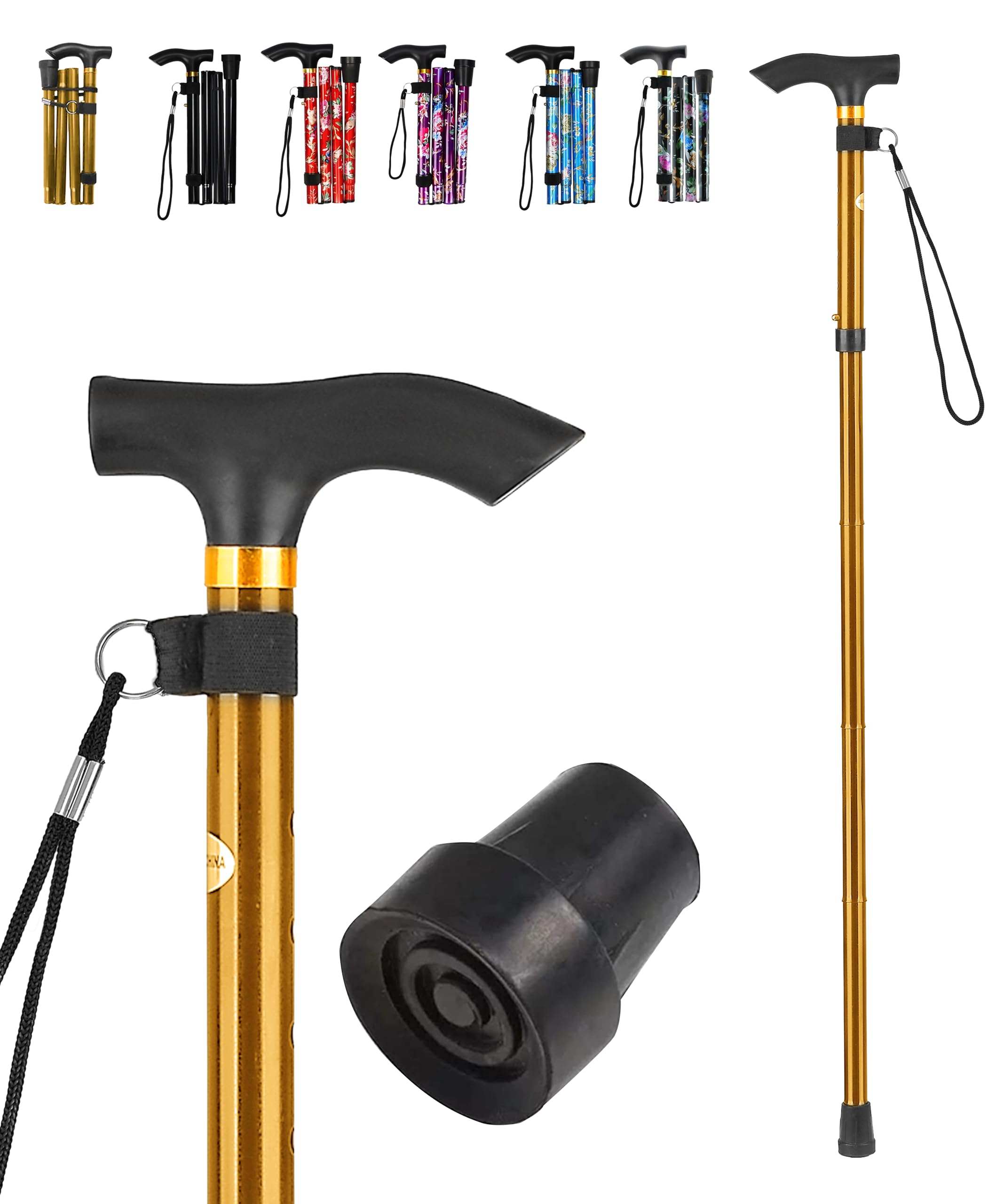 LZZAZ® Walking Stick, Adjustable Height Folding Walking Sticks for Women, Aluminum Walking Sticks for Women & Disability Aids, walking stick Rubber Ends & Mobility aids Golden