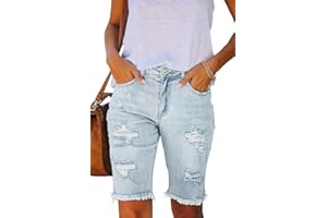Metietila Women's Ripped Mid-Rise Denim Bermuda Shorts Frayed Raw Hem Stretch Jean Shorts