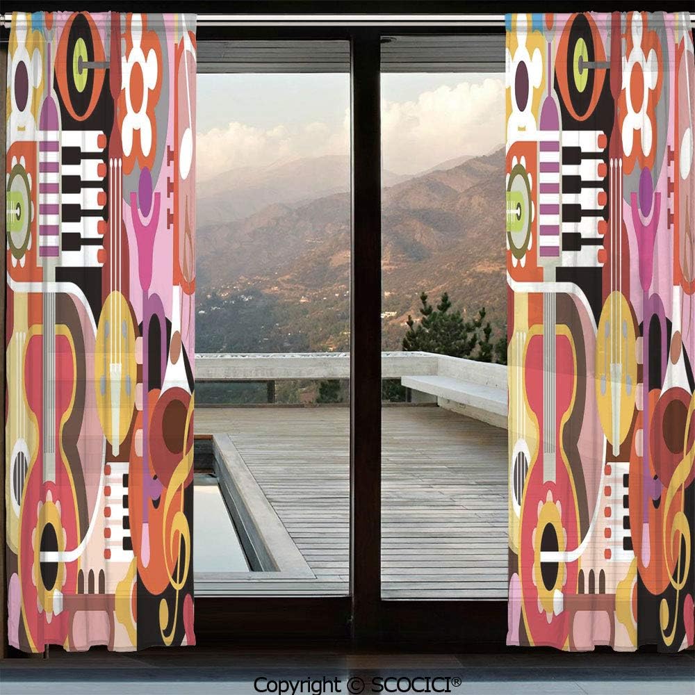 Symmetric Shutters Decorative Sheer Curtains for Kitchen Window Drapes with Rod Pocket for Small Windows,2 Panels,Song Decor,Complex Graphic with Various Musical Properties Icons Keyboard Festival Pi