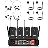 FULODE UG-550 Lapel Microphone Wireless Lavalier System, 4 Channel Professional UHF Microphone System with 4 Lavalier 4 Headset Mics for Singing Meeting Church Event TV Speaker (4 Bodypack)