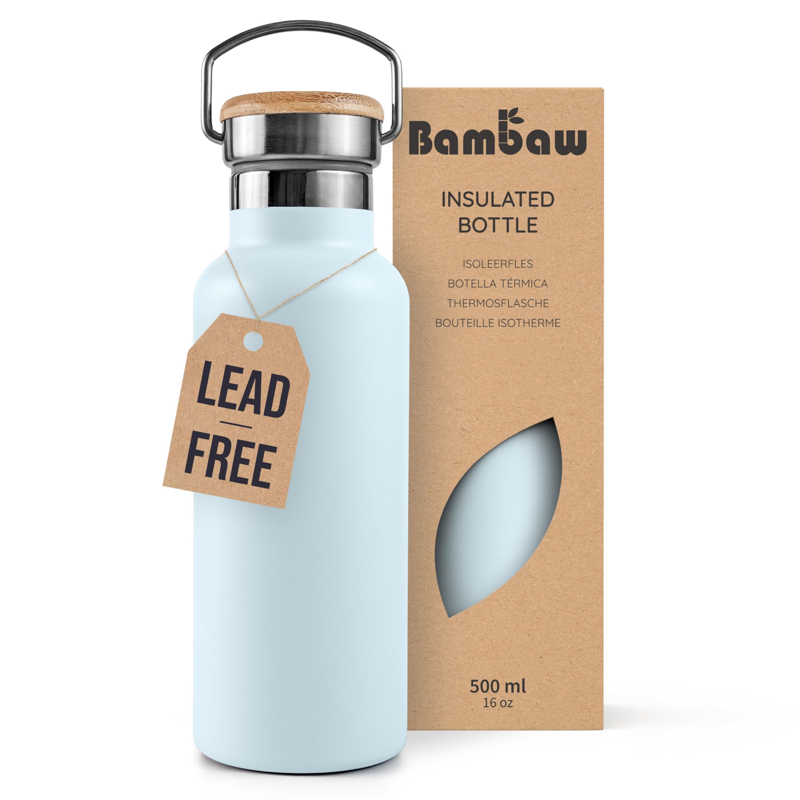 Bambaw Insulated Stainless Steel Water Bottle 500ml, Double-Walled Insulated Bottles for Hot and Cold Drinks 500 ml, Metal & Rust-Resistant, Easy to Carry & Great for Travel (Ice Blue)
