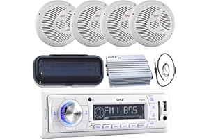 ENROCK MARINE Pyle PLMR18 200-Watt Marine AM FM SD USB Aux Remote Radio Receiver, and 4 x PLMR60W 150 Watts 6.5'' Dual Cone Speakers (White), Radio Shield, Enrock Antenna,Pyle 4-Channel Waterproof Amplifier