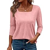 TICTICMIMI Women's Square Neck 3/4 Sleeve Tops Casual Pullover T Shirts Summer Basic Loose Fit Tunic Blouse