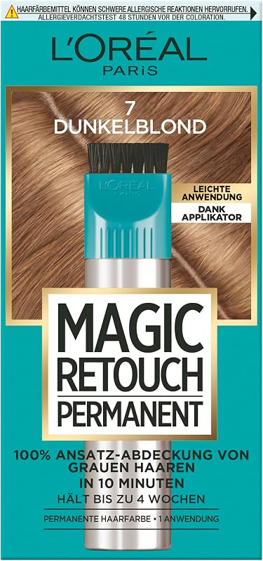 L'Oréal Paris 100% Ansatz-Abdeckung zum Kaschieren grauer Haare, permanente Haarfarbe, langanhaltender Haar Concealer, leichte Anwendung, Magic Retouch Permanent, Nr. 7 Dunkelblond, 1 Stück