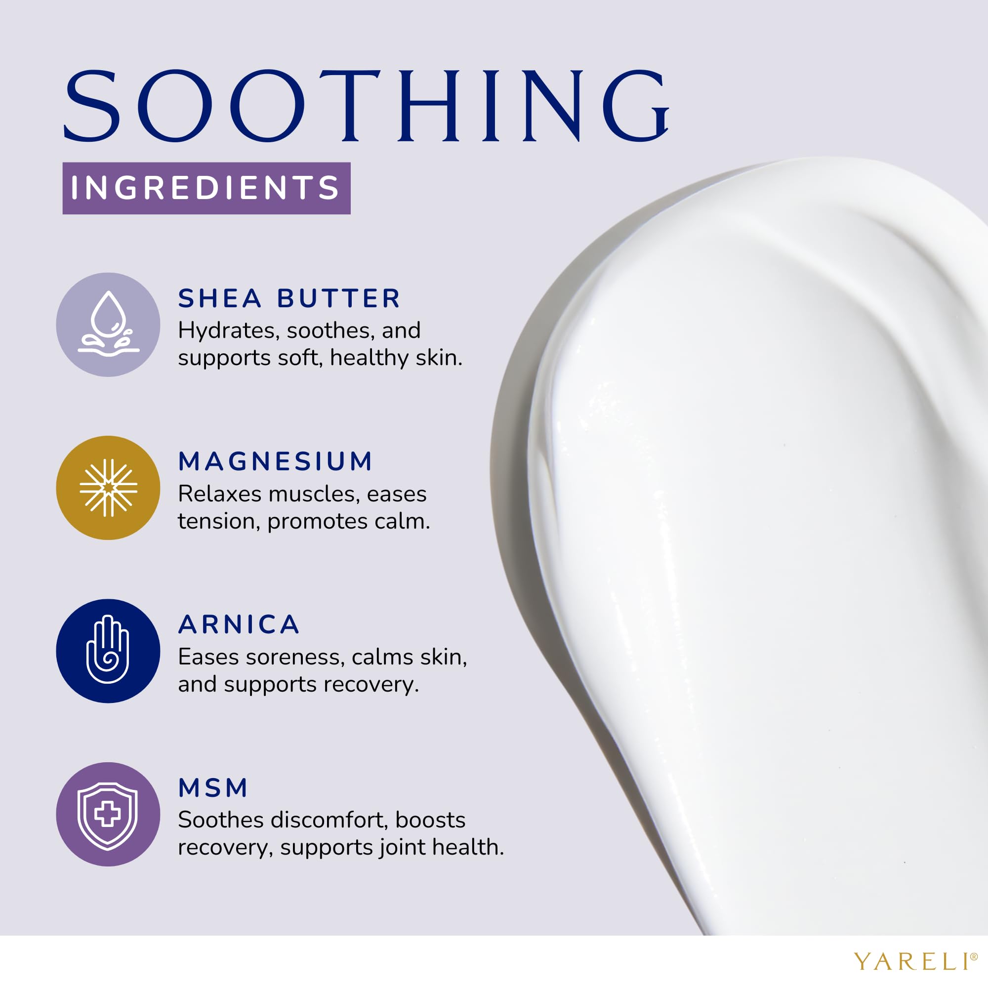 YARELI Magnesium Cream for Pain & Sleep Support - Topical Lotion with Arnica, MSM for Leg Cramps, Muscle Tension, Evening Leg Relaxation - Safe for Adults (4 Fl Oz (Pack of 1), Lavender)