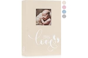 Lanpn Baby Photo Album 4x6 300 Pockets, Linen Hardcover Newborn Memory Book with Memo Writing Area, Bebe Photobook, Slip-in Picture Book, Ultrasound Album Keepsake Gifts for Girl Baby Shower Beige