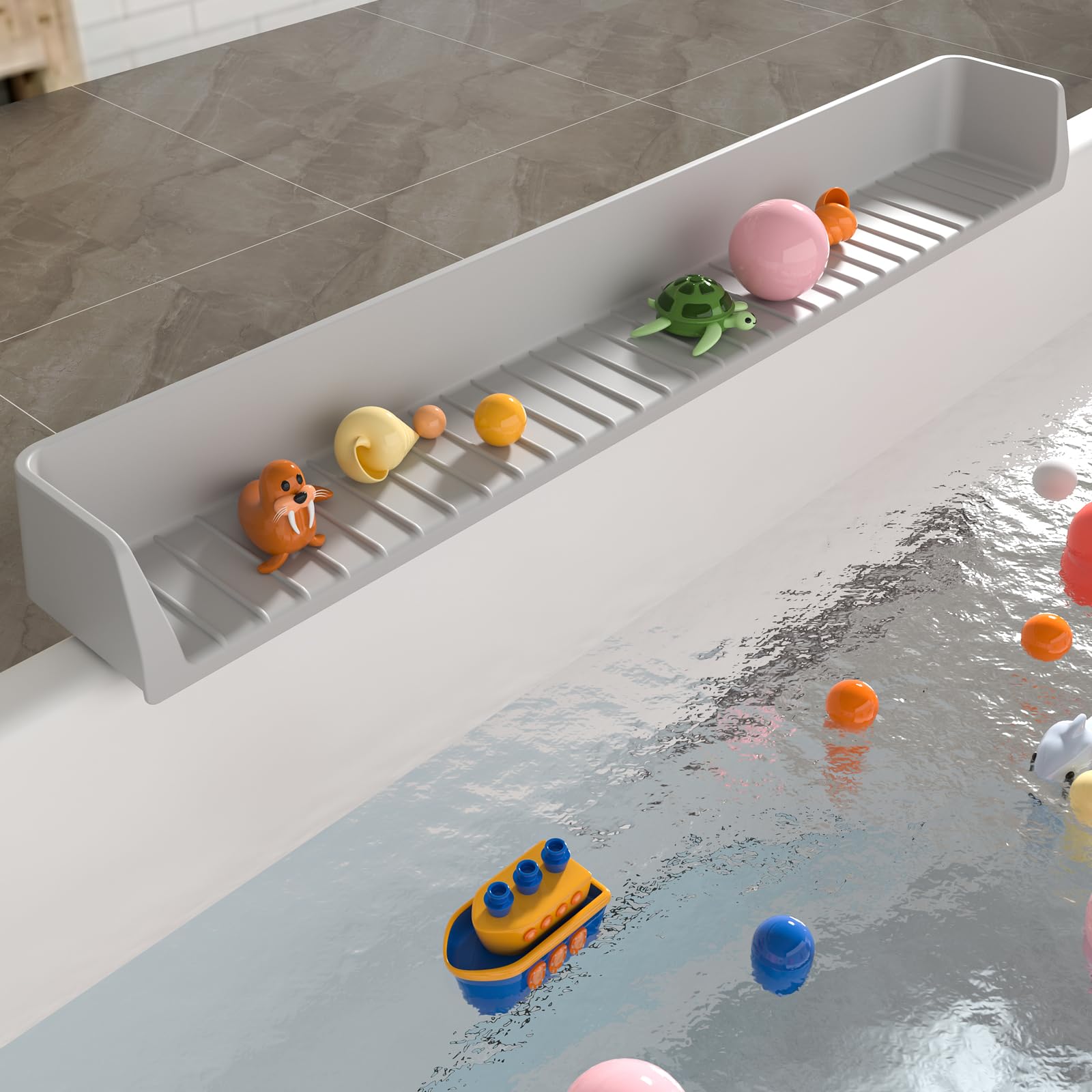 Aqqwxyq Longer Bathtub Splash Guard for Tub Kids, Bathtub Water Guards Play Shelf for Bathing, Toy Tray Caddy Holder for Tub, Silicone Tub Splash Guard Prevent Water Spills in Bathroom (2.6FT, Grey)