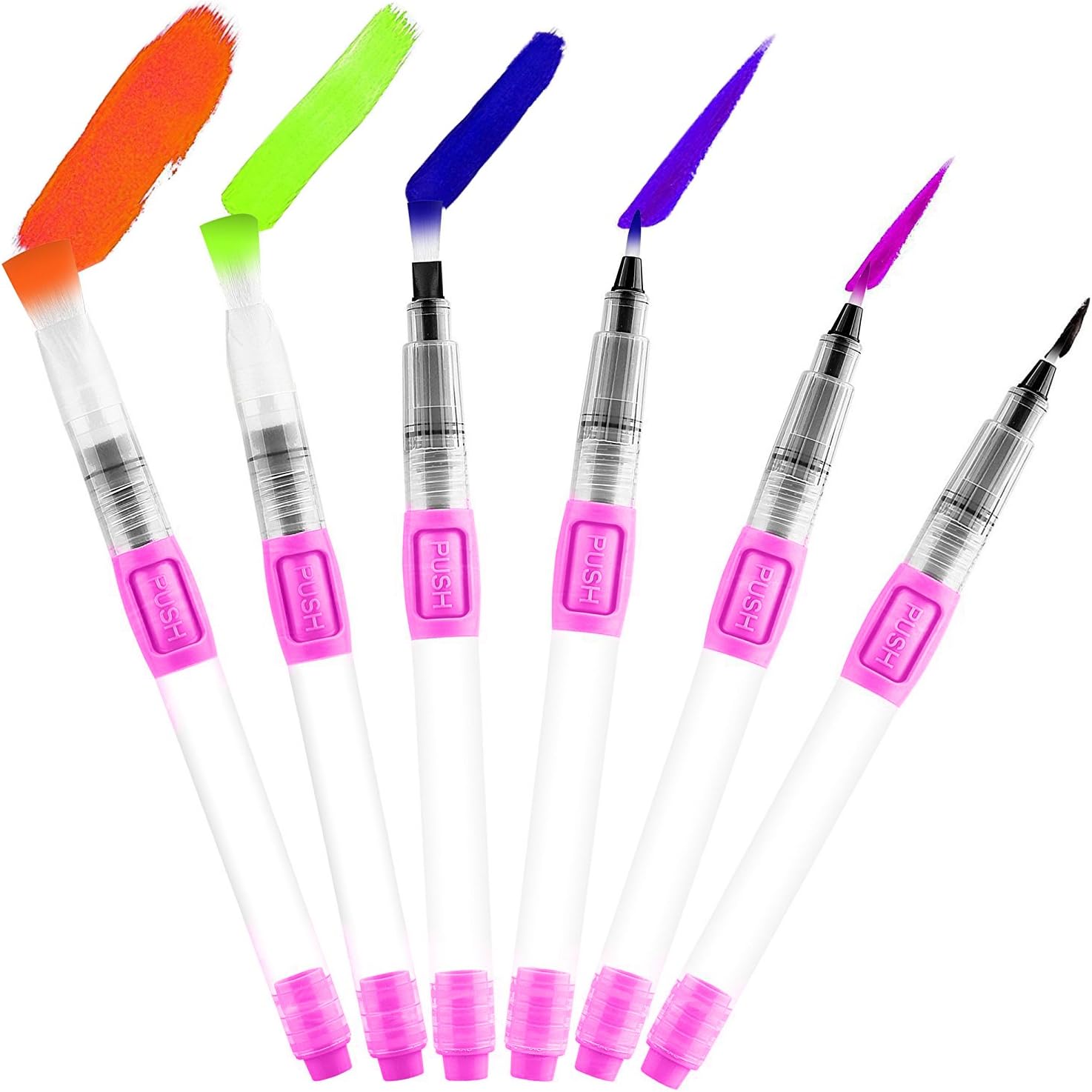 Joyooss Aquash Water Brush Set, Leakproof with Push Button 6 Premium Assorted Brush Tips, Water Soluble Pencils for Watercolor Solid Colors Powdered Pigment Painting Calligraphy, Perfect Gift for Kids
