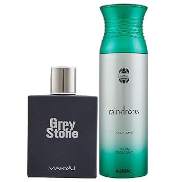 Maryaj Grey Stone Eau De Parfum Aromatic Woody Perfume 100ml for Me and Ajmal Raindrops Femme Deodorant Floral Chypre Fragrance 200ml for Women + 2 Parfum Testers FREE