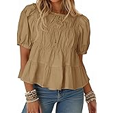 Tankaneo Womens Puff Sleeve Peplum Babydoll Tops Summer Smoked Pleated Cotton T-Shirts Casual Loose Fit Flowy Blouse
