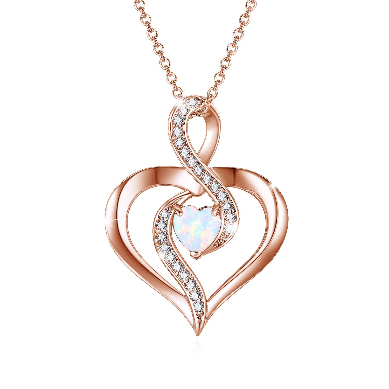 CHENGHONG Necklace for Women Rose Gold 925 Sterling Silver Infinity Necklaces Love Heart Opal Pendant Jewellery Gifts for Wife Mother Best Friend