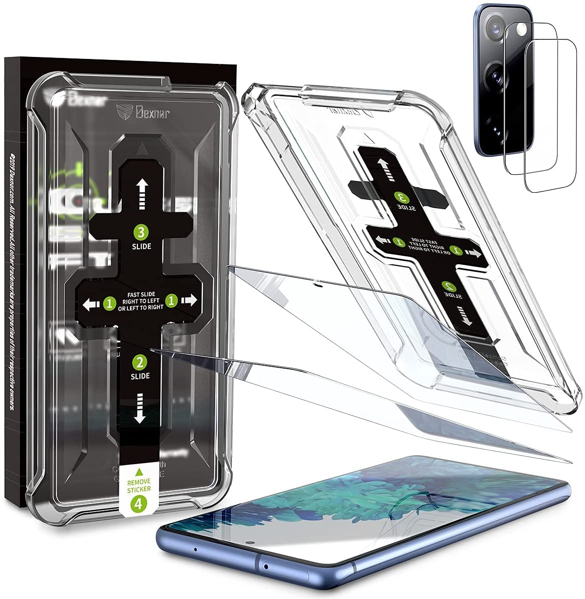 Dexnor [2+2 Pack] Samsung Galaxy S20FE Screen Protector, 9H Tempered Glass + 2 Pack Camera Lens Protector,Auto-Alignment Frame Easy Installation Bubble Free