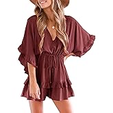 Valphsio Womens V Neck Beach Romper Ruffle Layered Drawstring Waisted Shorts Jumpsuit