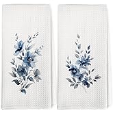 Dibor Blue Floral Kitchen Towels Dishcloth Set of 2, Minimalist Blue Floral Decor Dish Towels, Retro Aesthetic Flower Botanical Decorative Dish Towel Hand Tea Towel for Bathroom Kitchen, 16x24 in