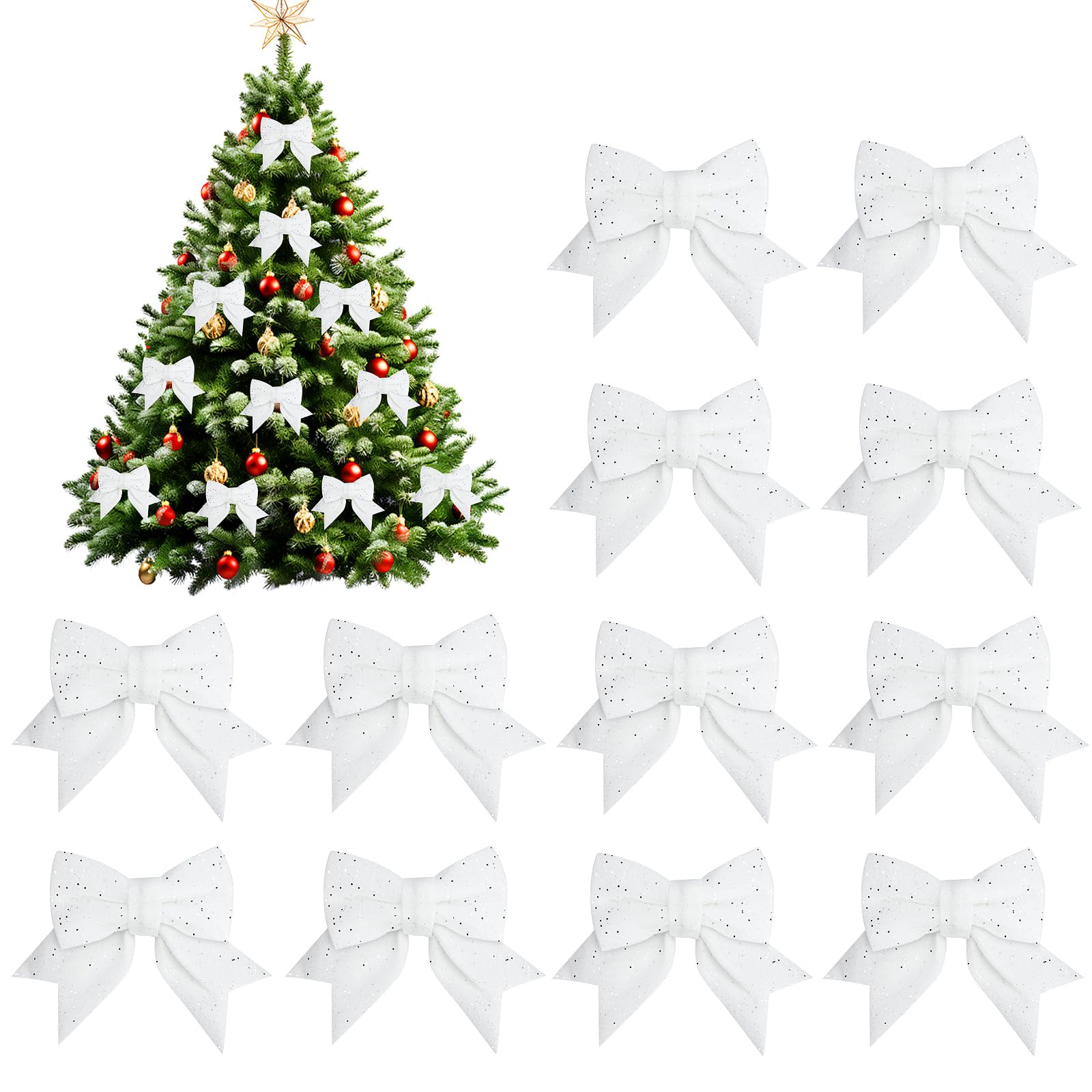 Fantasyon 12 Pcs Large Glitter White Christmas Bows Decorations, 5.5 Inch Christmas Tree Bows Ornaments Christmas Decorative Bows, Sequin Bow Ties for Xmas Wreaths