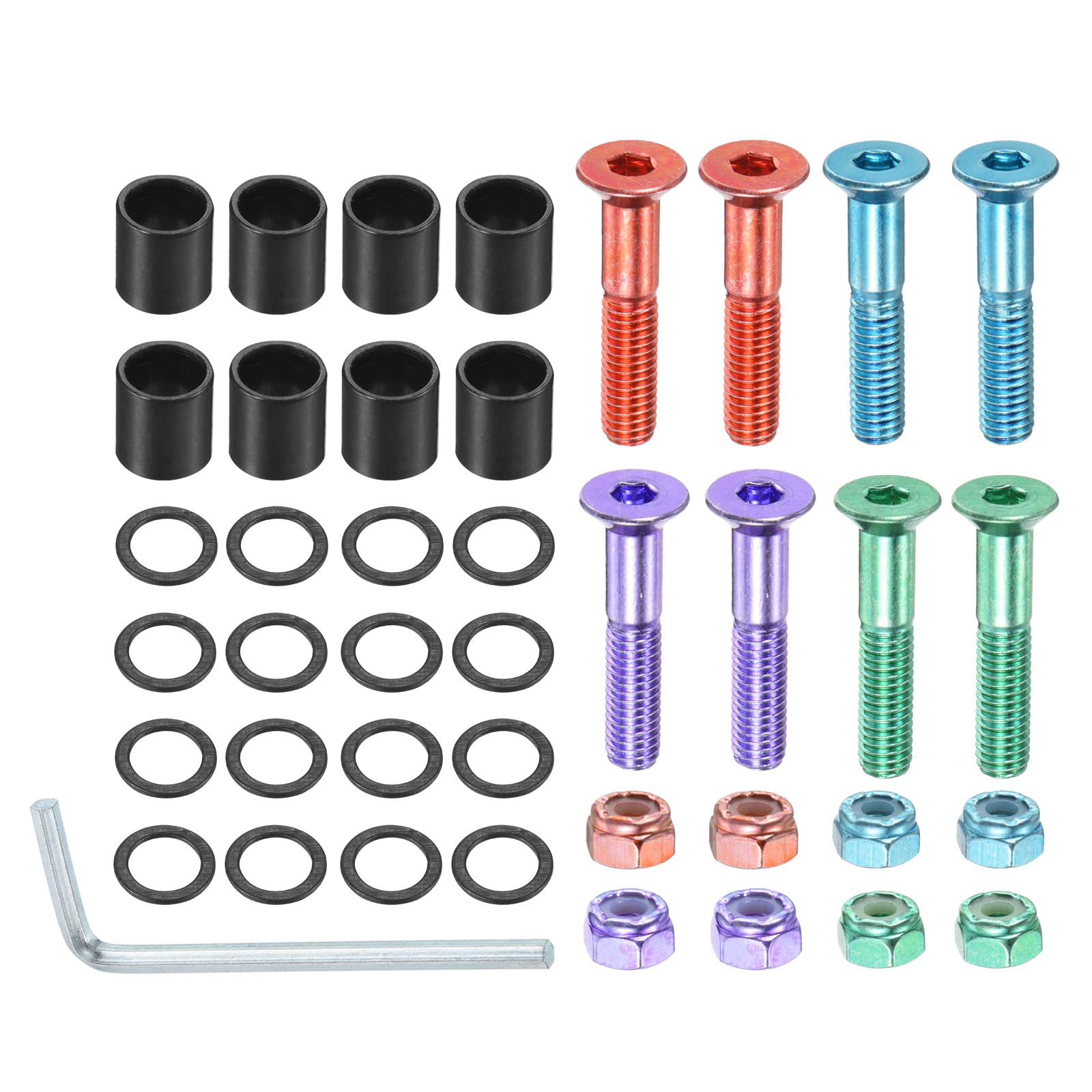 PATIKIL 1 Inch Skateboard Hardware Screws Bolts Kit, 8Pcs Skate Tools Mounting Hex Key Parts with Spacers Washers Nuts Wrench for Skateboard Longboard Wheel Accessories, Multicolor