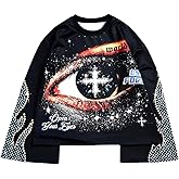 WDIRARA Men's Eyes Cross Graphic T Shirts Long Sleeve Crew Neck Tee Oversized Tops Streetwear