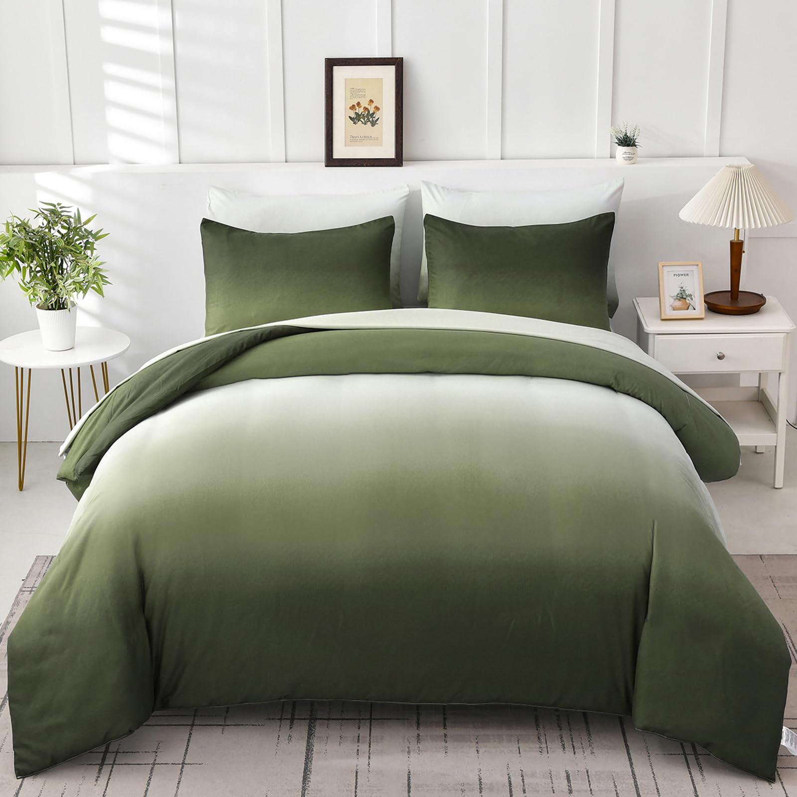 DJY Gradient Olive Green Duvet Cover King Size, Soft Microfiber Bedding Set with Zipper Closure for Teen Boys Girls Adults (King, 220x230cm) — image 1