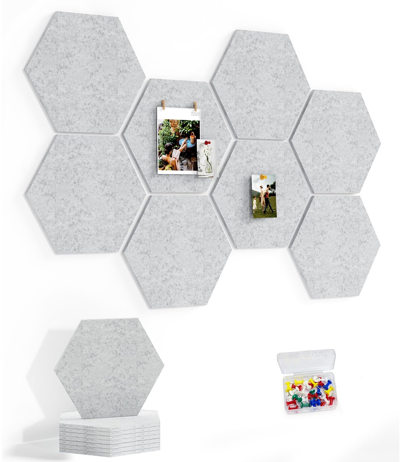 Uoisaiko 30cm Large Felt Hexagon Bulletin Board with 30 Push Pins, Pack of 8 Pin Boards for Home Office Kitchen, Felt Wall Tiles for Photos Memos