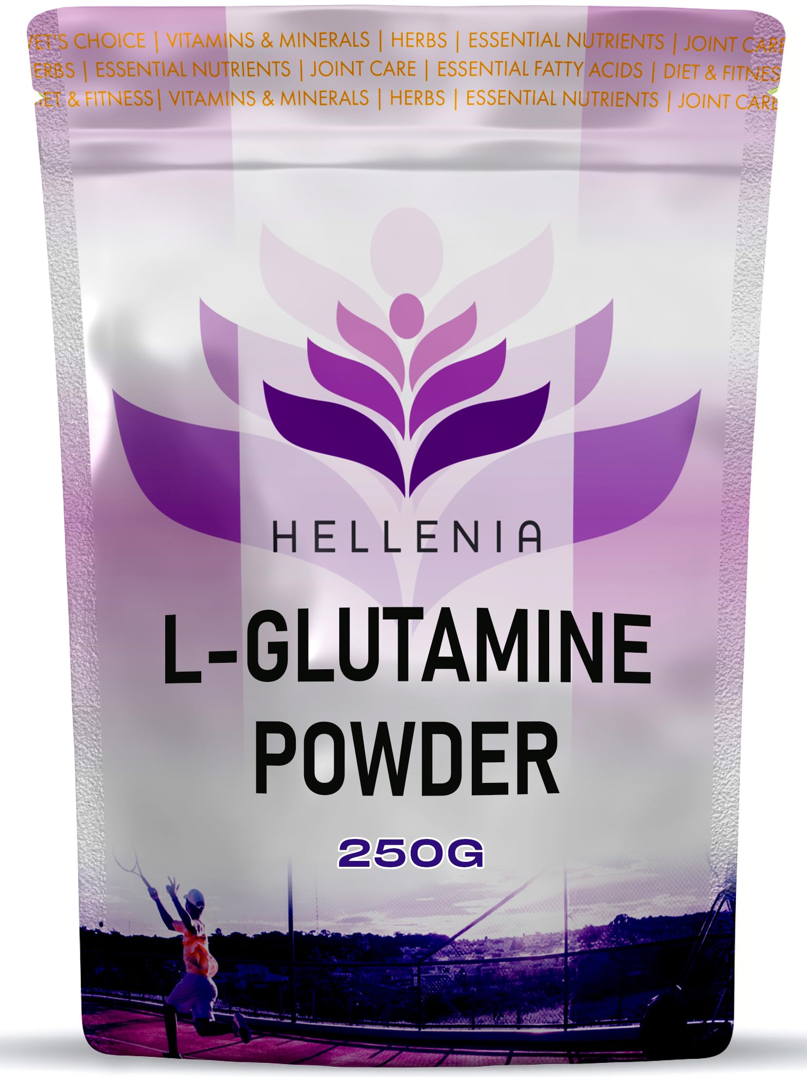 L-Glutamine Powder - 250g | Amino Acid, Muscle Strength & Recovery, Boosts Immune System | Stand Up Pouch | Unflavoured 100% Micronized Glutamine Powder by Hellenia Healthfoods