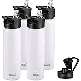 HASLE OUTFITTERS Insulated Water Bottle 22 oz Double Wall Stainless Steel Water Bottle Wide Mouth with Straw Lid & Spout Lid Keeps Cold or Hot(White,4)
