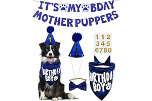 Dog Birthday Decorations, LMSHOWOWO Multi Sizes Dog Birthday Hat with Bandana Bow Tie Numbers It’s My Bday Mother Puppers Sig