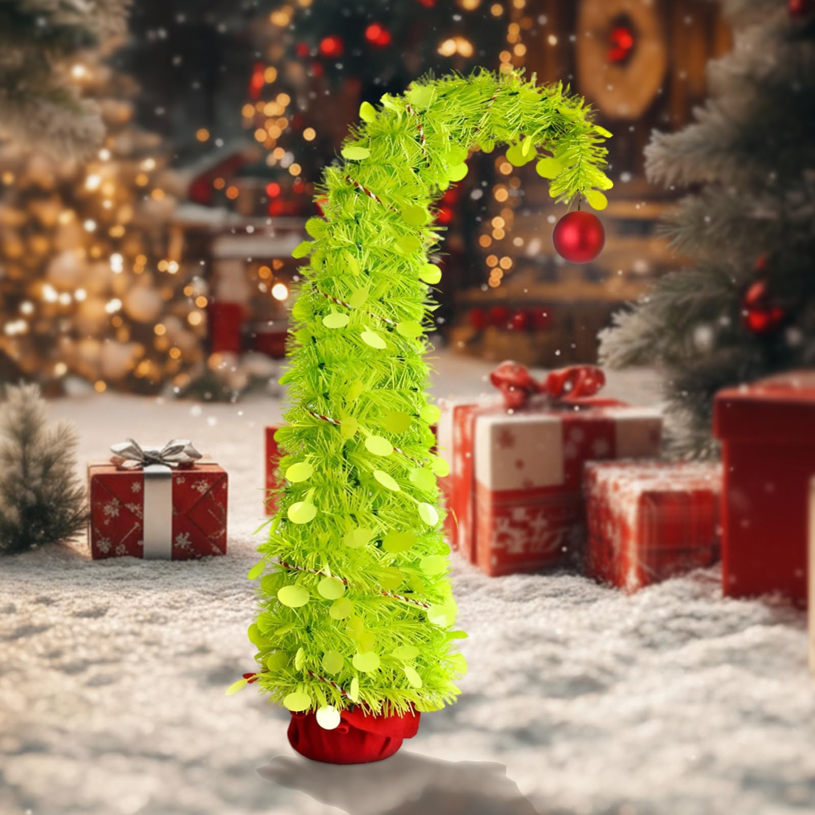 Photo 1 of 24''/2ft Whimsical Pop up Christmas Tree Lime Green Bendable Curved Tree with Lime Green Tinsel Red Ball Mini Xmas Tabletop Trees Christmas Decorations for Indoor Office Fireplace, Sturdy Stand