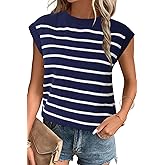 Arach&Cloz Womens Spring Summer 2024 Sweater Vest Cap Sleeve Crew Neck Striped Fashion Casual Sleeveless Tops Clothes