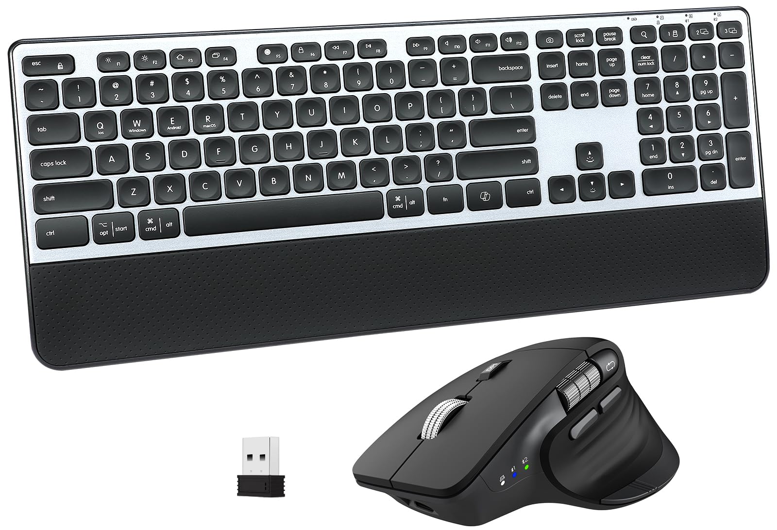 Photo 1 of Wireless Keyboard and Mouse Combo, 2-in-1 USB Receiver & Dual Bluetooth, Scissor-Switch Keys, Smart Flying Scroll for Windows, Mac, Linux, Chrome – Ideal for Office & Students (US Layout)