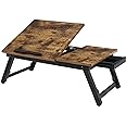 SONGMICS Laptop Desk for Bed or Sofa with Tilting Top, Breakfast Serving Tray with Folding Legs, Fits up to 15.6 Inches Screen, (24-26.9) x 13.7 x (8.8-12.6) Inches, Rustic Brown ULLD105B01