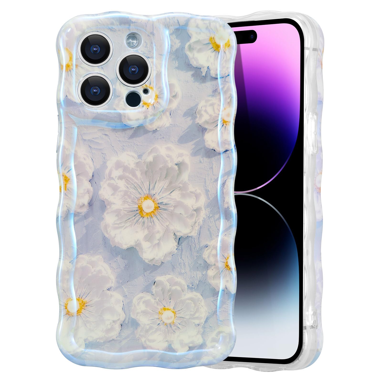 EYZUTAK Case for iPhone 12 Pro Max, Colorful Retro Oil Painting Flower Laser Glossy Pattern Cute Curly Wave Border Exquisite Phone Cover Stylish Durable TPU Protective Case for Girls Women-Light Blue