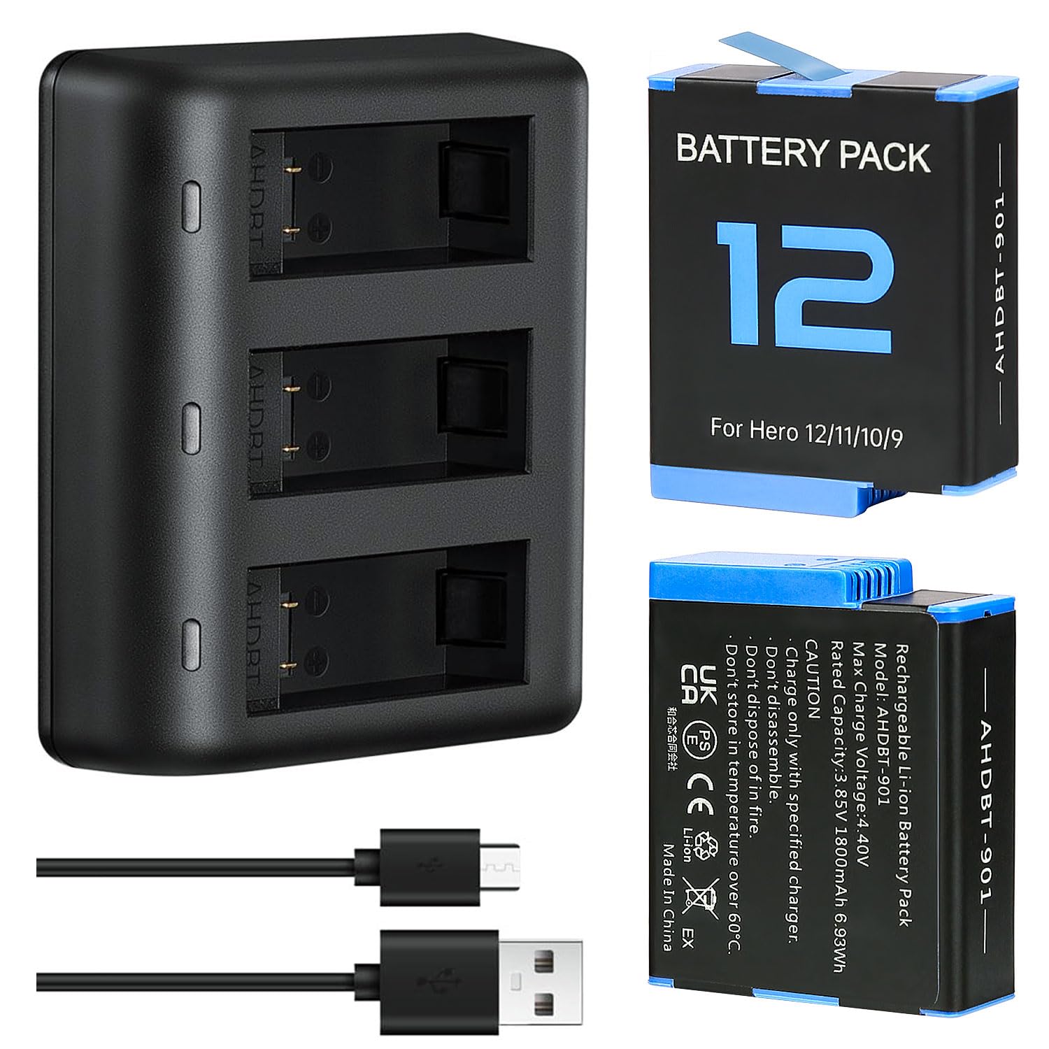 Photo 1 of 2-Packs 1800mAh Batteries for GoPro Hero 12 11 10 9, with USB Fast Charger and Protection Case, Perfectly Compatible with GoPro Hero 12 11 10 9 Black