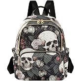 ALAZA White Skull Rose Flowers Black Small Backpack Purse for Women Travel Bag Lightweight Shoulder Bag Fashion Daypack