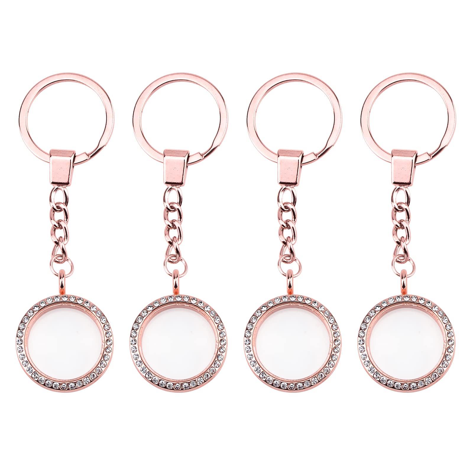 WANDIC Rhinestone Photo Charm Keychain, 4 Pieces Rose Gold Round Memory Locket Key Chain Bridal Wedding Bouquet Charms for Photo or Decoration, 30mm