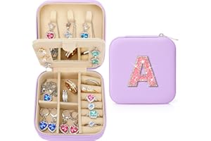 Nuozme Bling Sparkly Initial Jewelry Case,Personalized Gifts for Teen Girls,Kids,Women,Brides, Bridesmaids, Glitter Rhinestone Travel Jewelry Box,Easter Birthday Christmas Gifts, Small Size (Purple A)