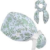 Scrub Caps Women Nursing Hats Wildflowers with Buttons Ponytail Working Adjustable Pouch Tie Back
