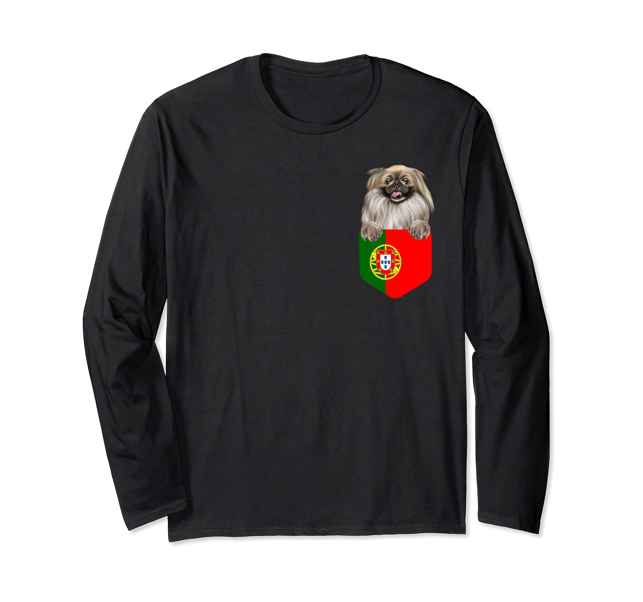 Portugal Flag Pekingese Dog In Pocket Long Sleeve T-Shirt