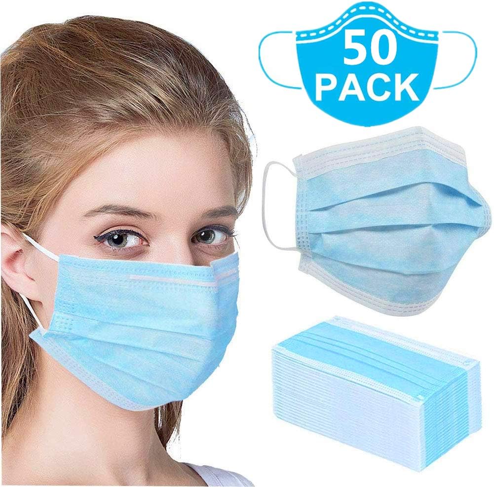 50Pcs Disposable Face Masks - Disposable Surgical Mask Dust Breathable Earloop Antiviral Face Mask Comfortable Medical Sanitary Surgical Mask Thick 3-Layer Masks (Blue)