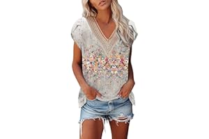 HUMMHUANJ Summer V Neck Short Sleeve Tops Casual Loose Printed Shirt Hollow T Shirt Top for Womens