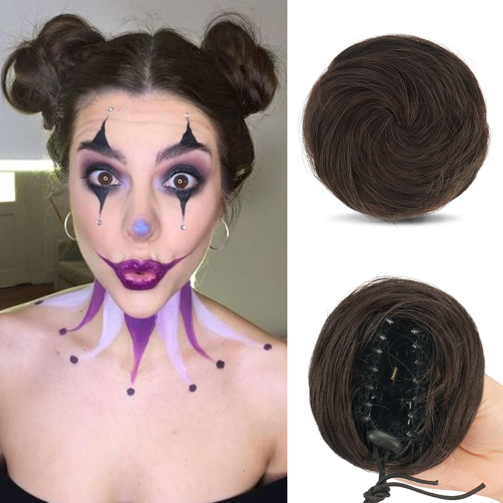 Sofeiyan 2PCS Mini Claw Clip in Hair Bun Messy Cat Ears Hair Bun Extension Synthetic Donut Wig Accessory Updo Space Bun Hair Pieces for Women Girls, Medium Brown