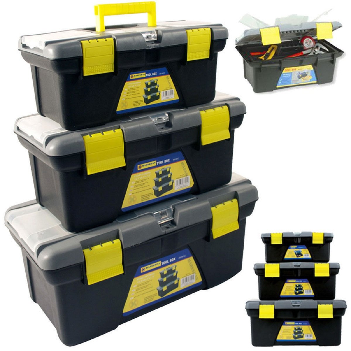 Plastic Tool Box Chest 3pc Set Handle Tray Compartment Diy
