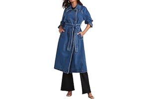 CHARTOU Women's Casual Double Breasted Long Denim Trench Coat Jean Jacket Trenchcoat with Belt Duster Coat